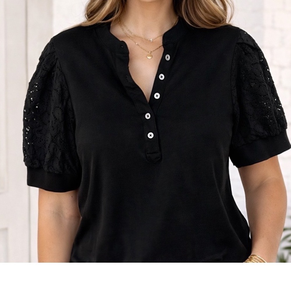 Elie Tahari Black Blouse Size Large Lace Sleeve Top Button Front Chic Minimalist